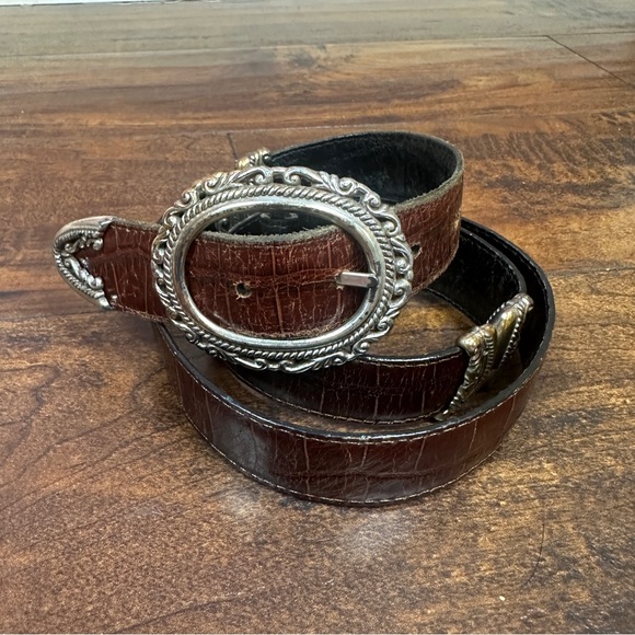 Brighton Brown & Black Reversible Leather Belt w Silver Buckle Gold Detail - Picture 1 of 6